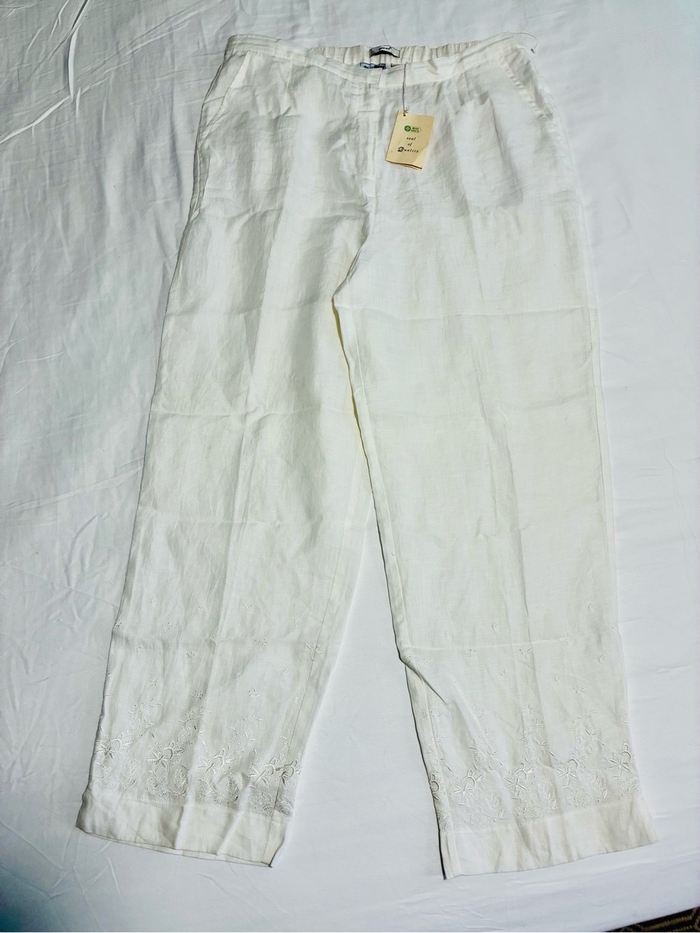 Irish Linen L NWT VTG Embroidered Straight Leg Linen Pants in White Lightweight - Picture 5 of 15